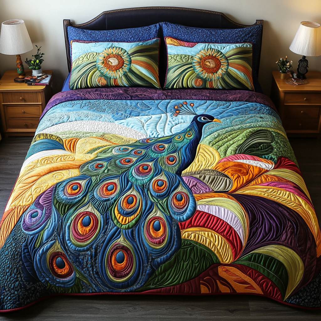 Peacock Vibes 3-Piece Quilted Bedding Set NCU0DDK239