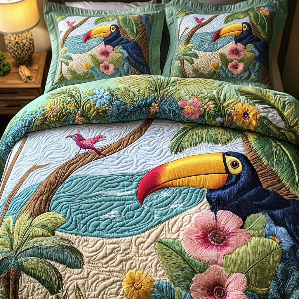 Colorful Toucan 3-Piece Quilted Bedding Set NCU0NVH392