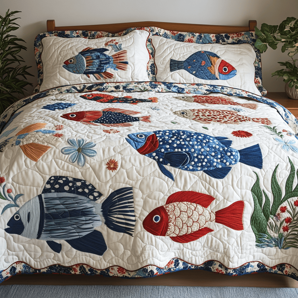 Sea Bloom 3-Piece Quilted Bedding Set NCU0NVH448