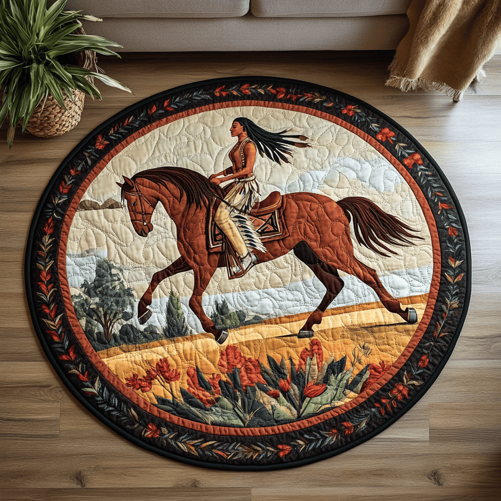 Native American Horse Quilted Round Mat NCU0PD828
