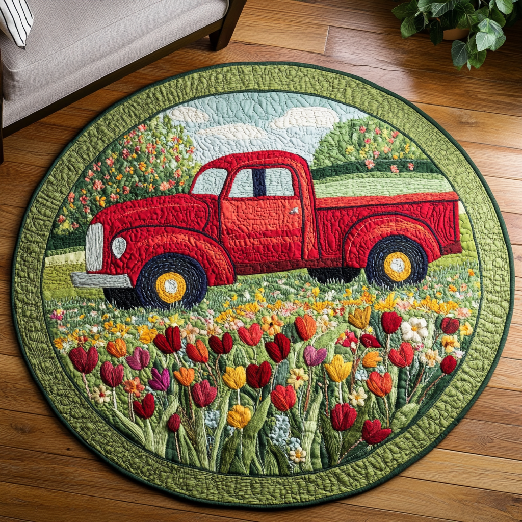 Red Pickup Paradise Quilted Round Mat NCU0DDK231