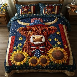 Patriotic Highland Cow 3-Piece Quilted Bedding Set GFTOTP5924