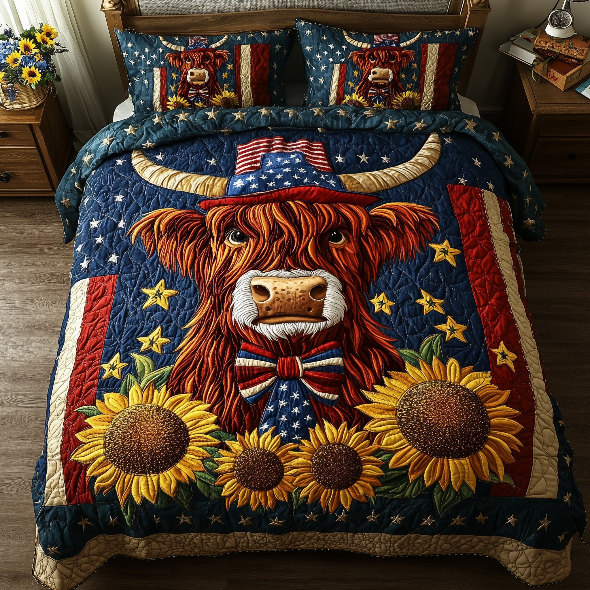 Patriotic Highland Cow 3-Piece Quilted Bedding Set GFTOTP5924