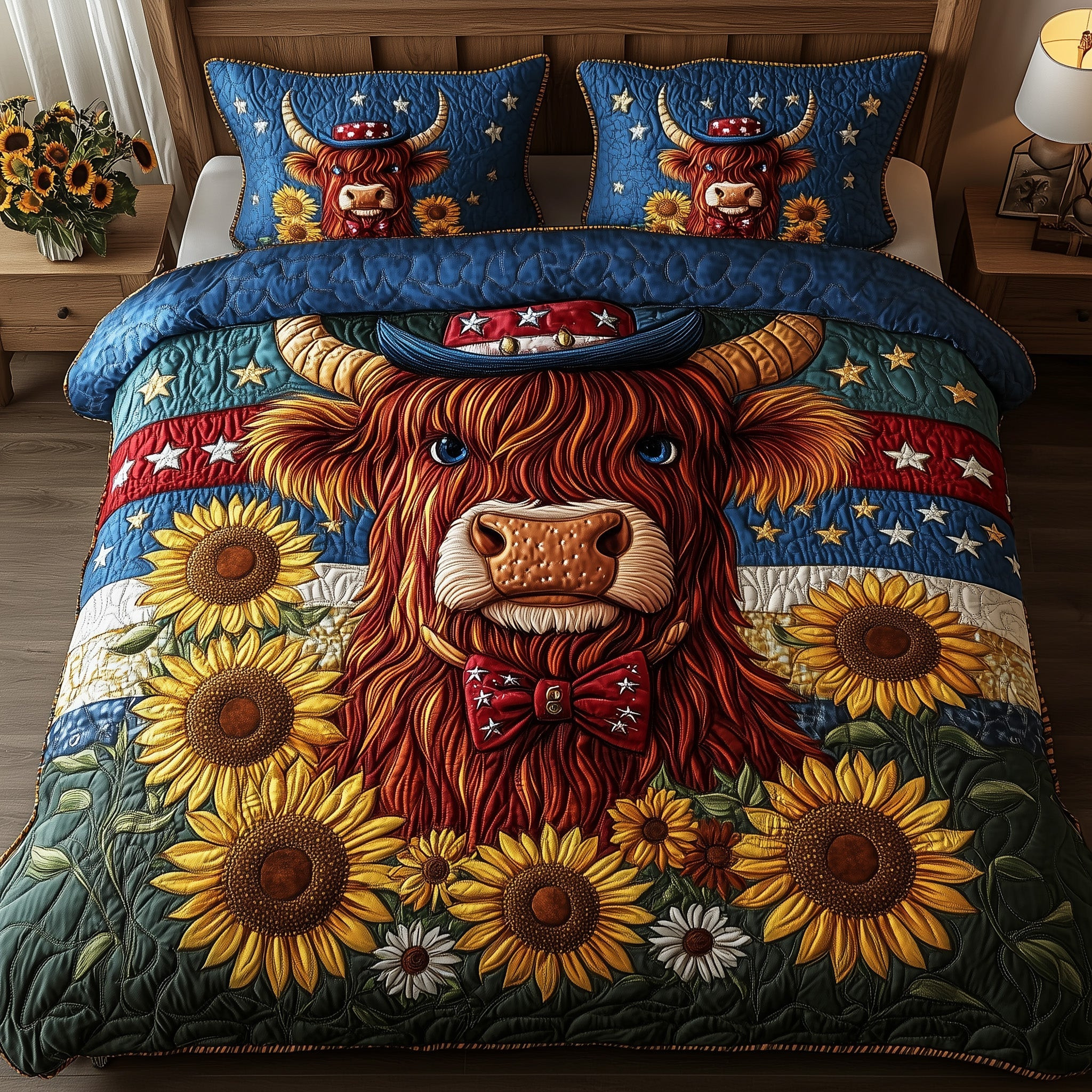 Patriotic Highland Cow 3-Piece Quilted Bedding Set GFTOTP5950
