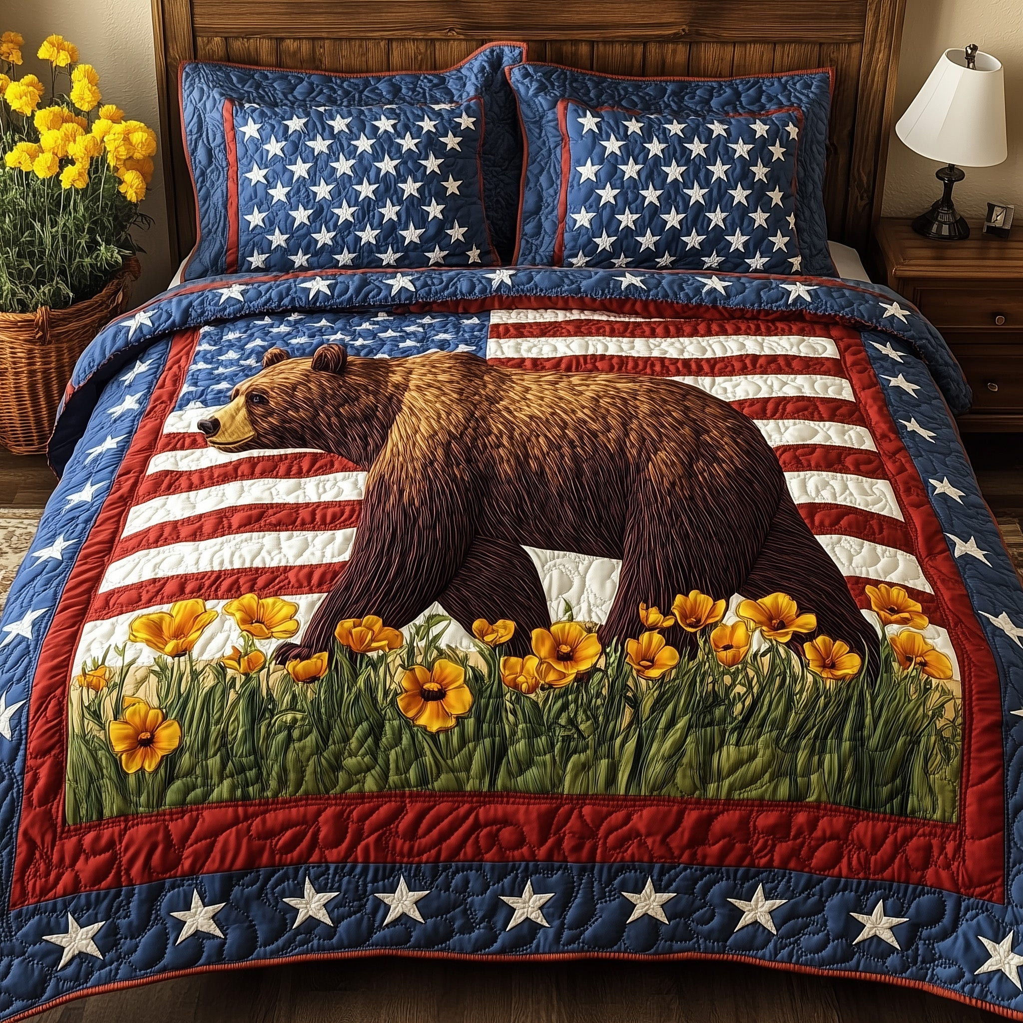 The Patriotic Grizzly 3-Piece Quilted Bedding Set GFTOHD6096
