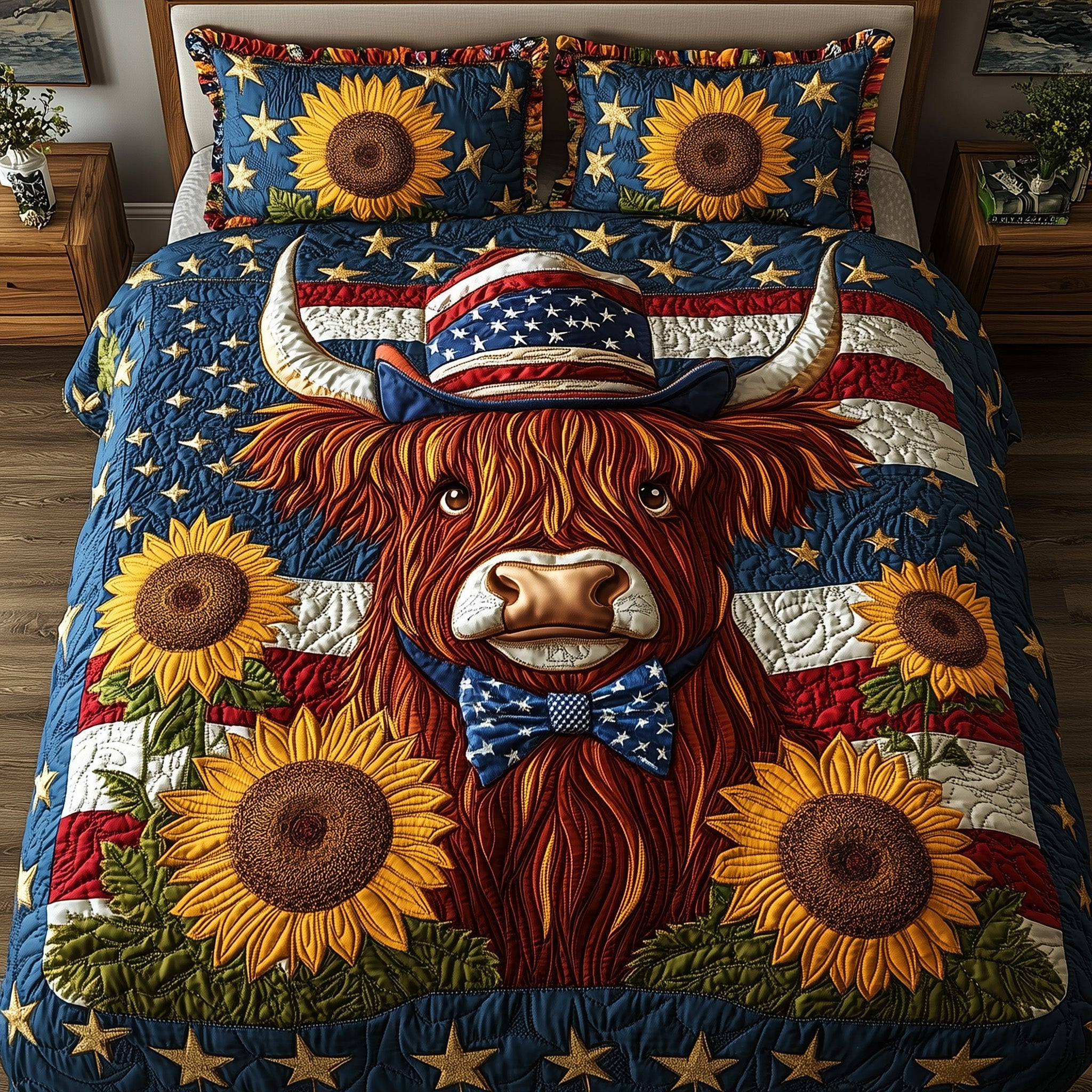 Patriotic Highland Cow 3-Piece Quilted Bedding Set GFTOTP5948