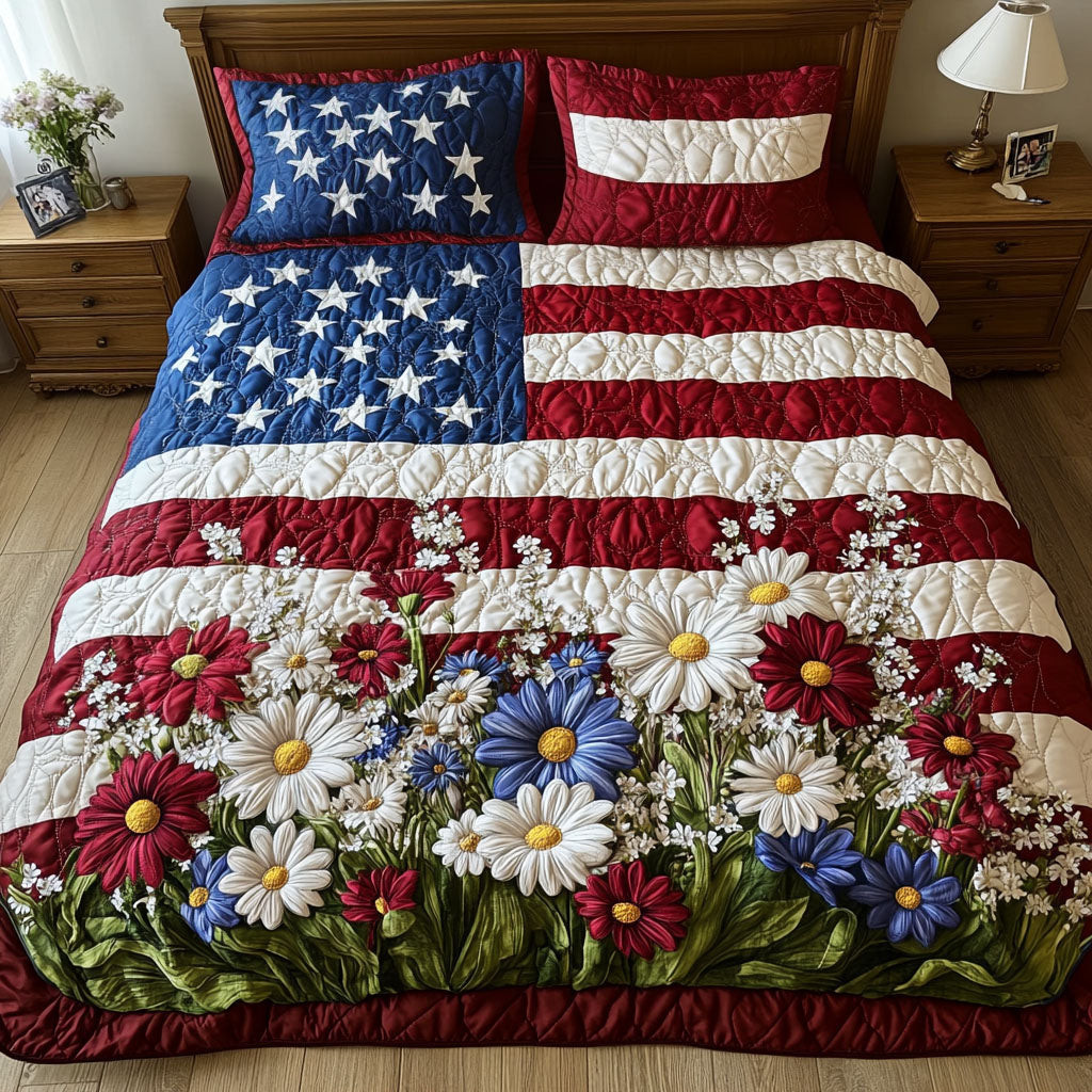 Flag and Flowers 3-Piece Quilted Bedding Set NCU0NT6236