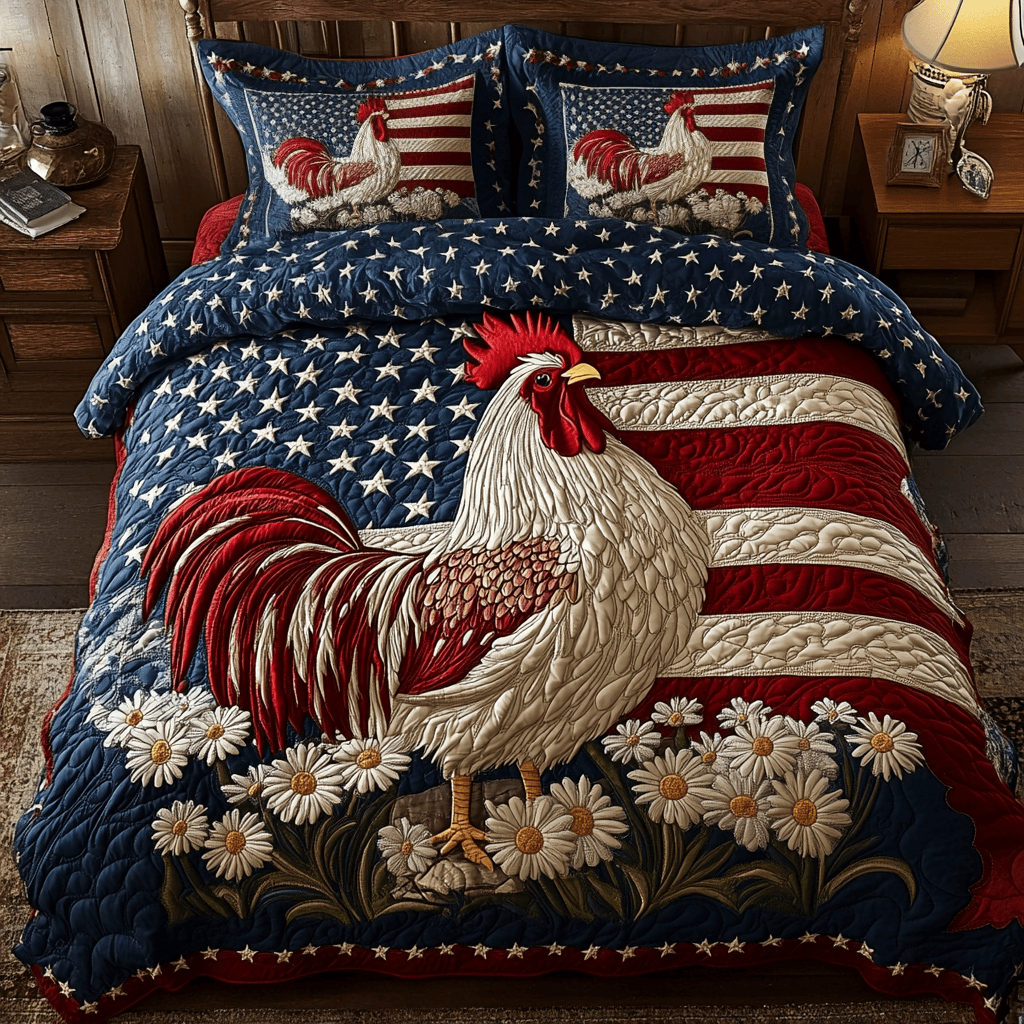 Flag Rooster 3-Piece Quilted Bedding Set NCU0VH4194