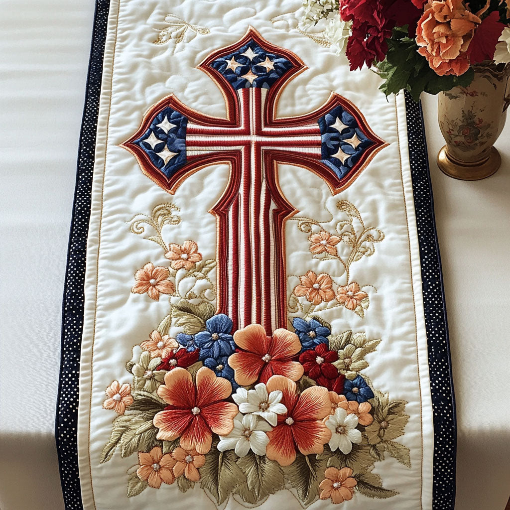 Floral Cross Pride Quilted Table Runner NCU0NT4673