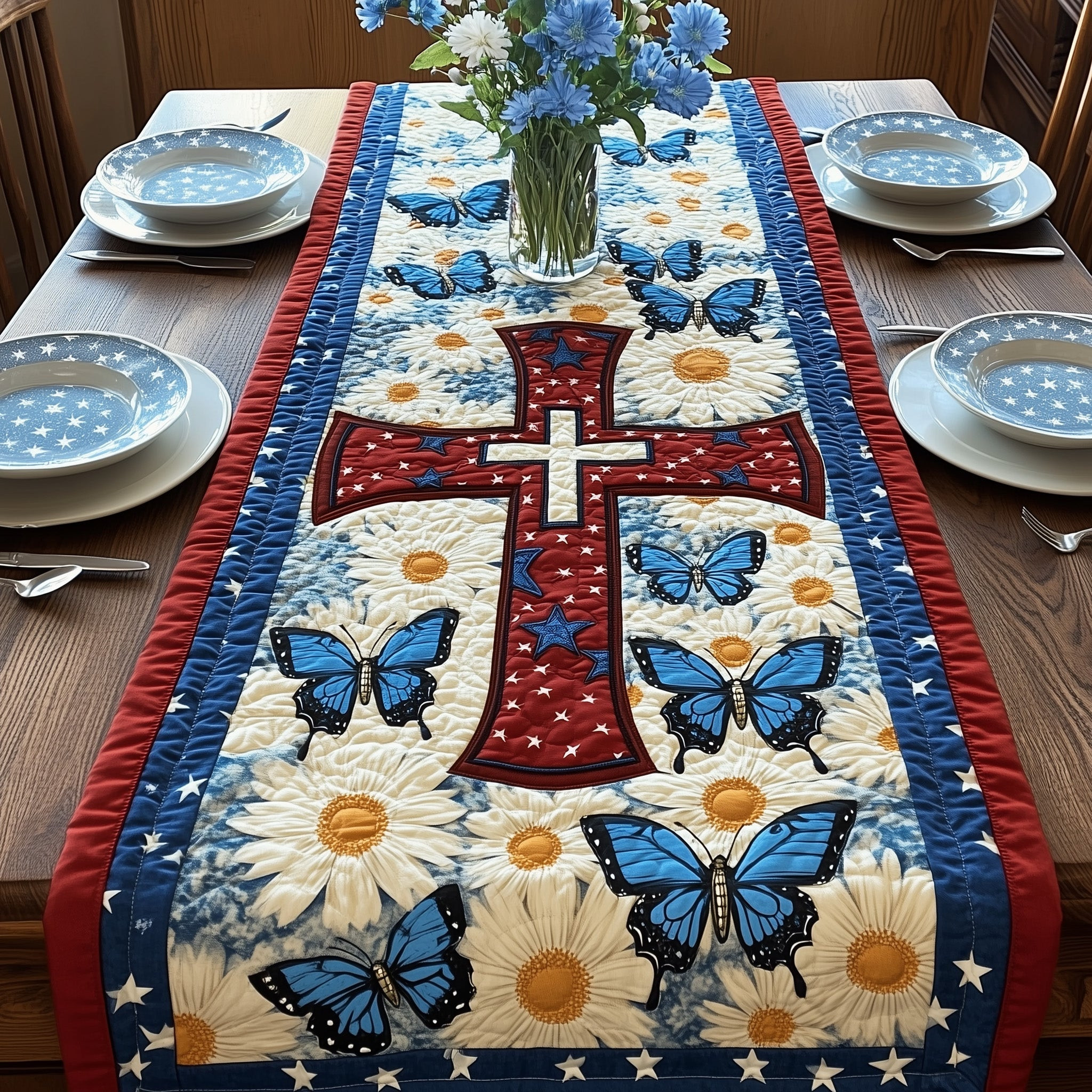 Old Glory Cross Quilted Table Runner GFTOTP8609