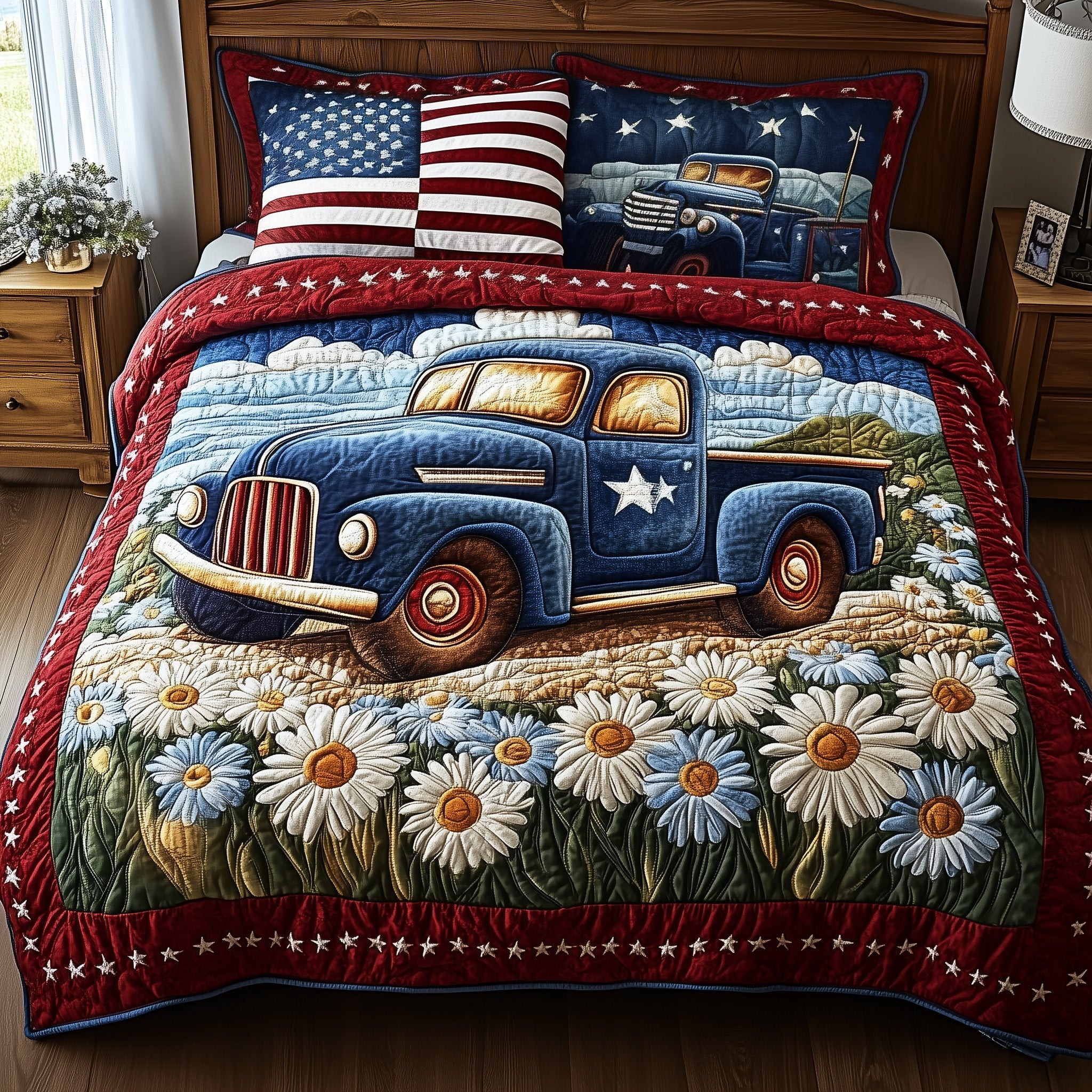Patriotic America Truck 3-Piece Quilted Bedding Set GFTONL2790