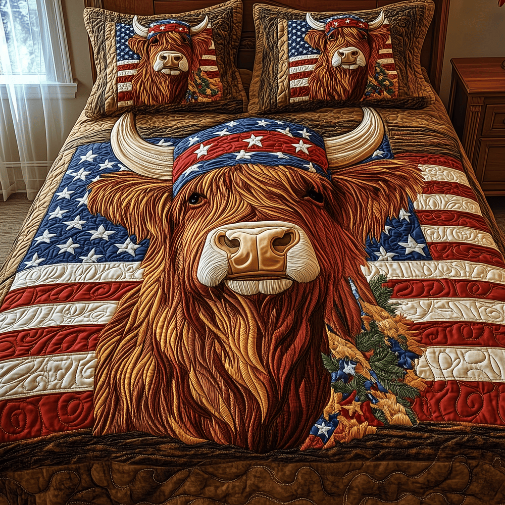 Patriotic Highland Cow 3-Piece Quilted Bedding Set GFTOTP2956