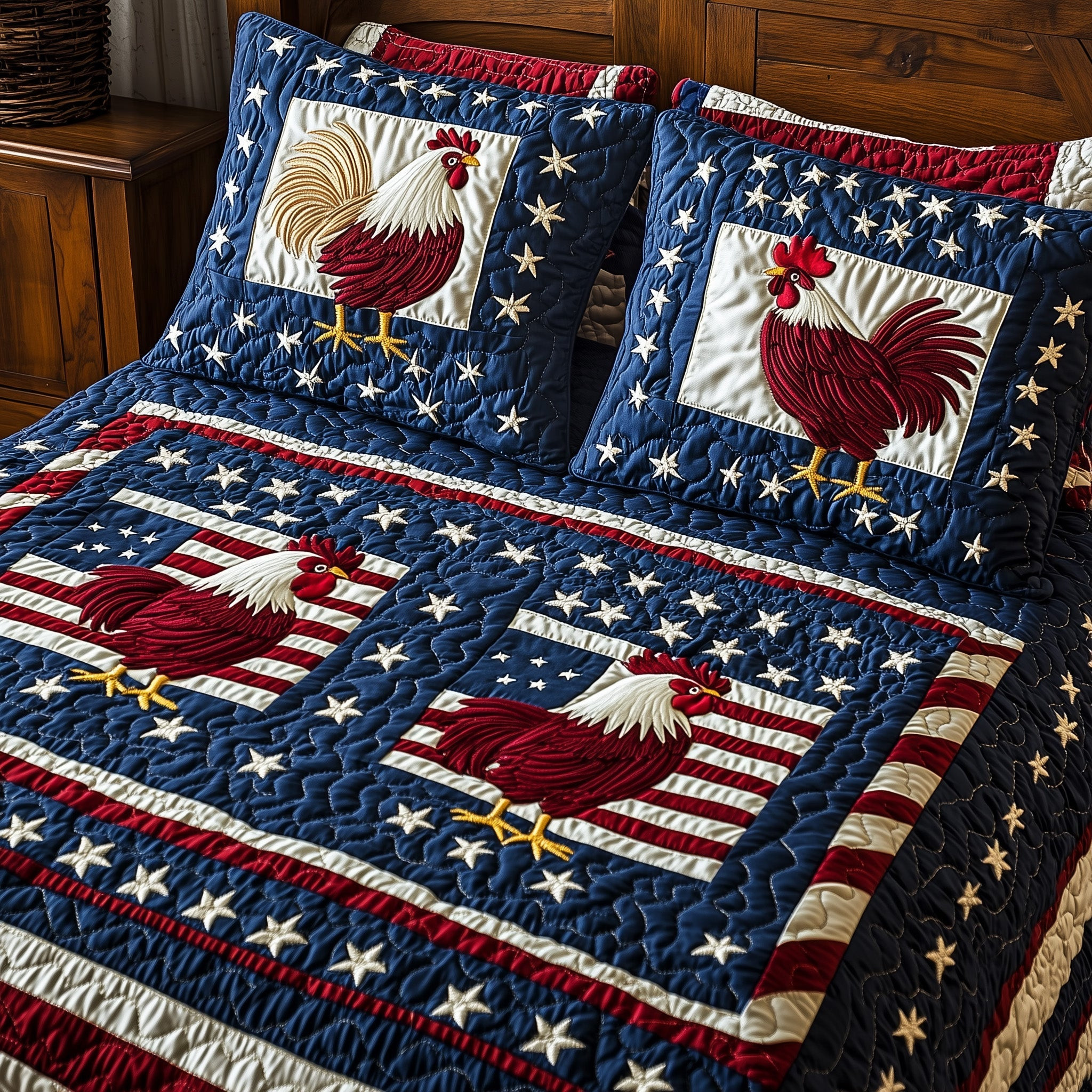 American Spirit Chickens 3-Piece Quilted Bedding Set GFTOHD5601