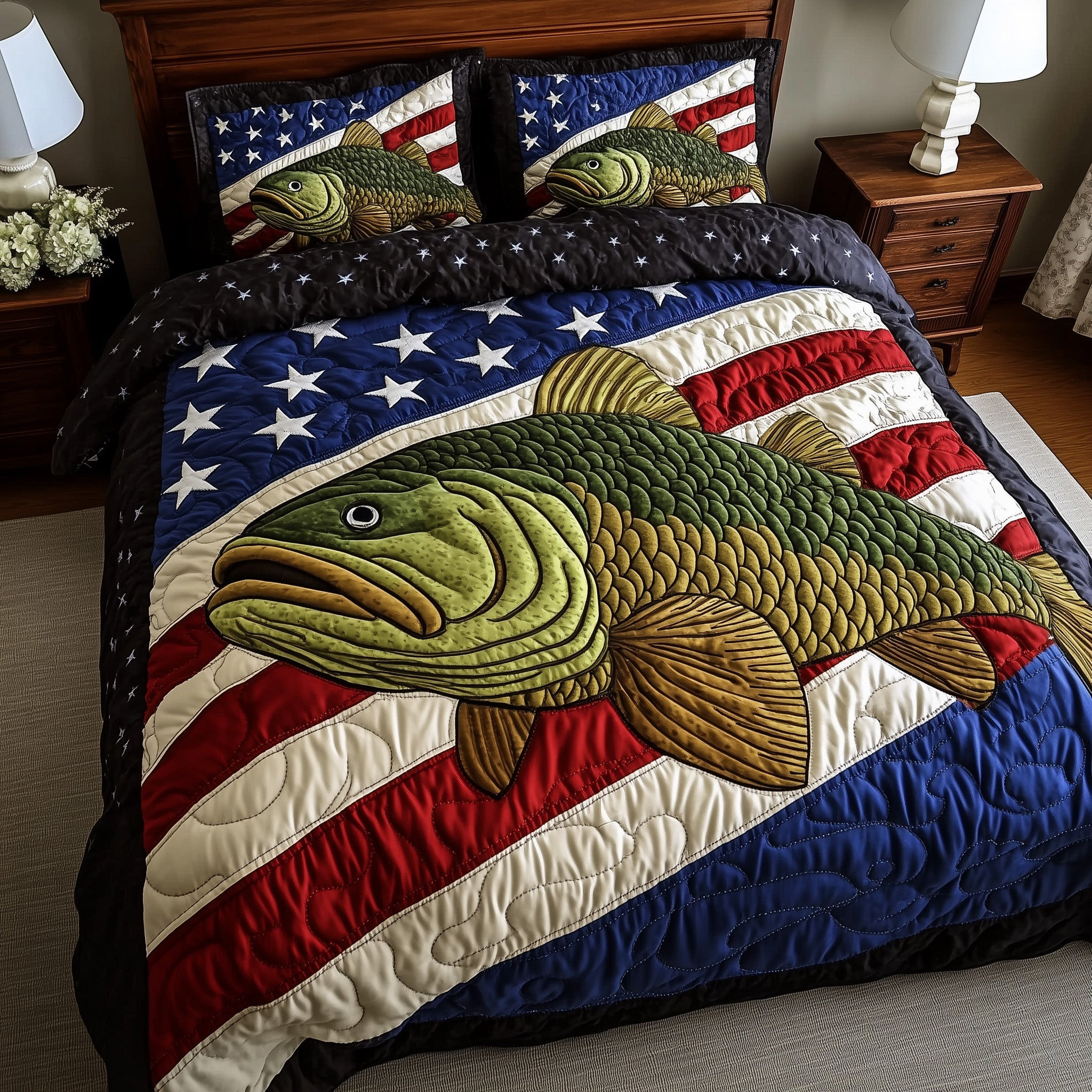 The Patriotic Fish 3-Piece Quilted Bedding Set GFTOHD6459
