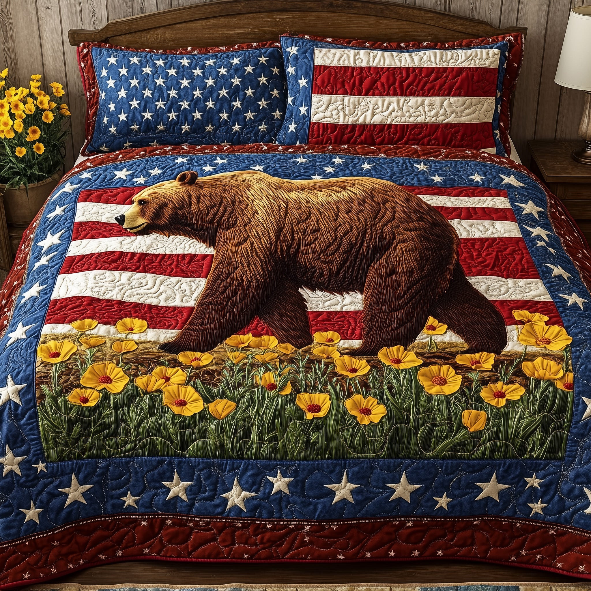The Patriotic Grizzly 3-Piece Quilted Bedding Set GFTOHD6095
