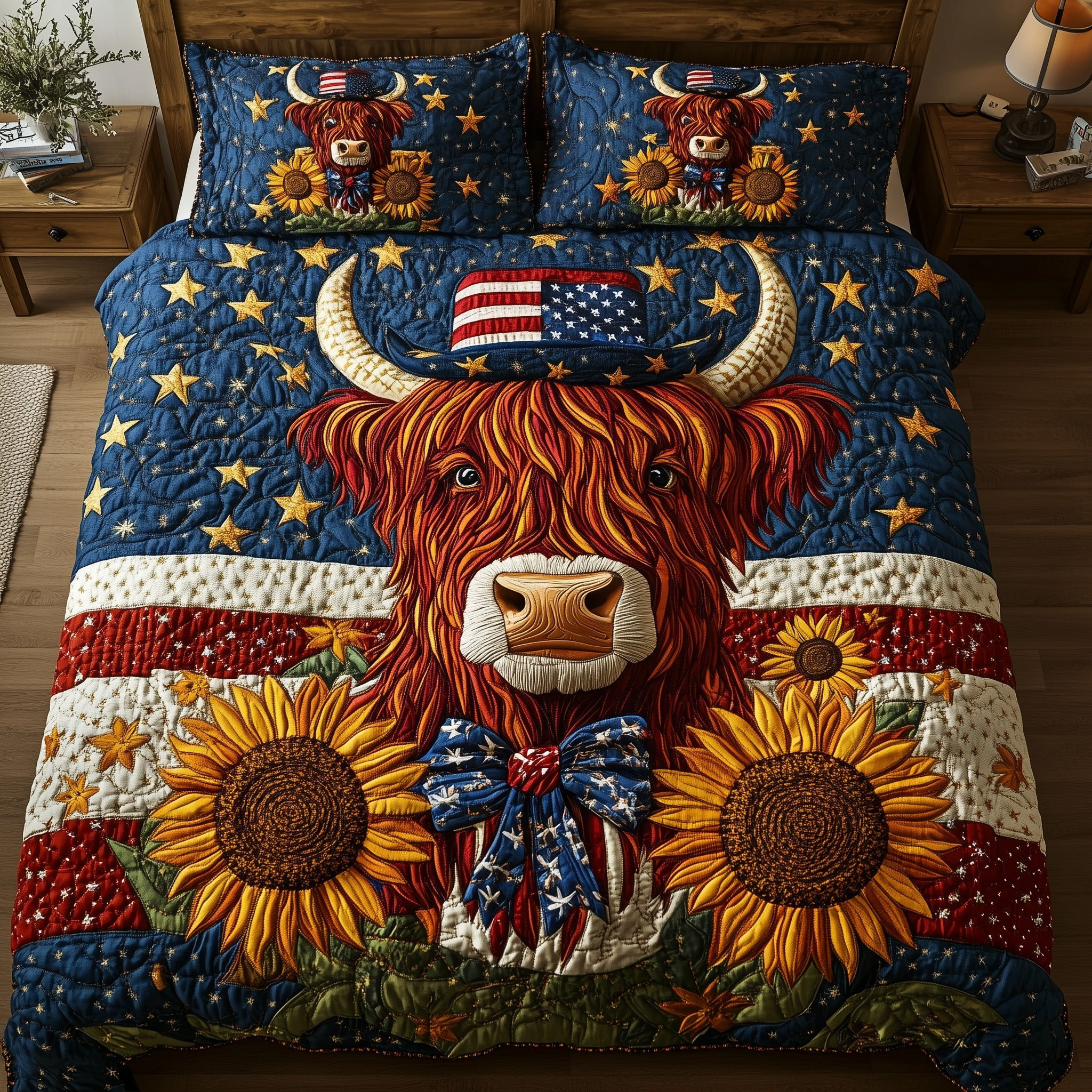 Patriotic Highland Cow 3-Piece Quilted Bedding Set GFTOTP5949