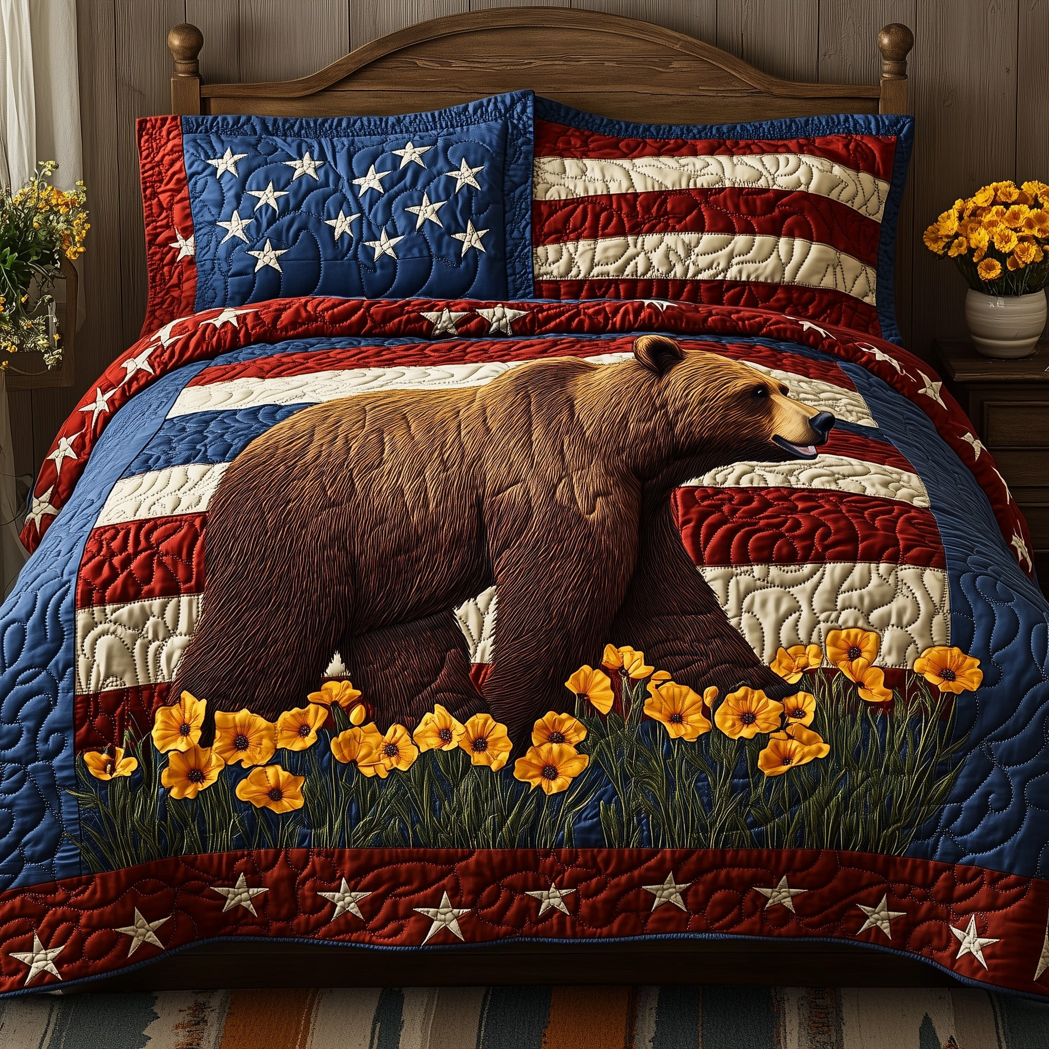 The Patriotic Grizzly 3-Piece Quilted Bedding Set GFTOHD6114