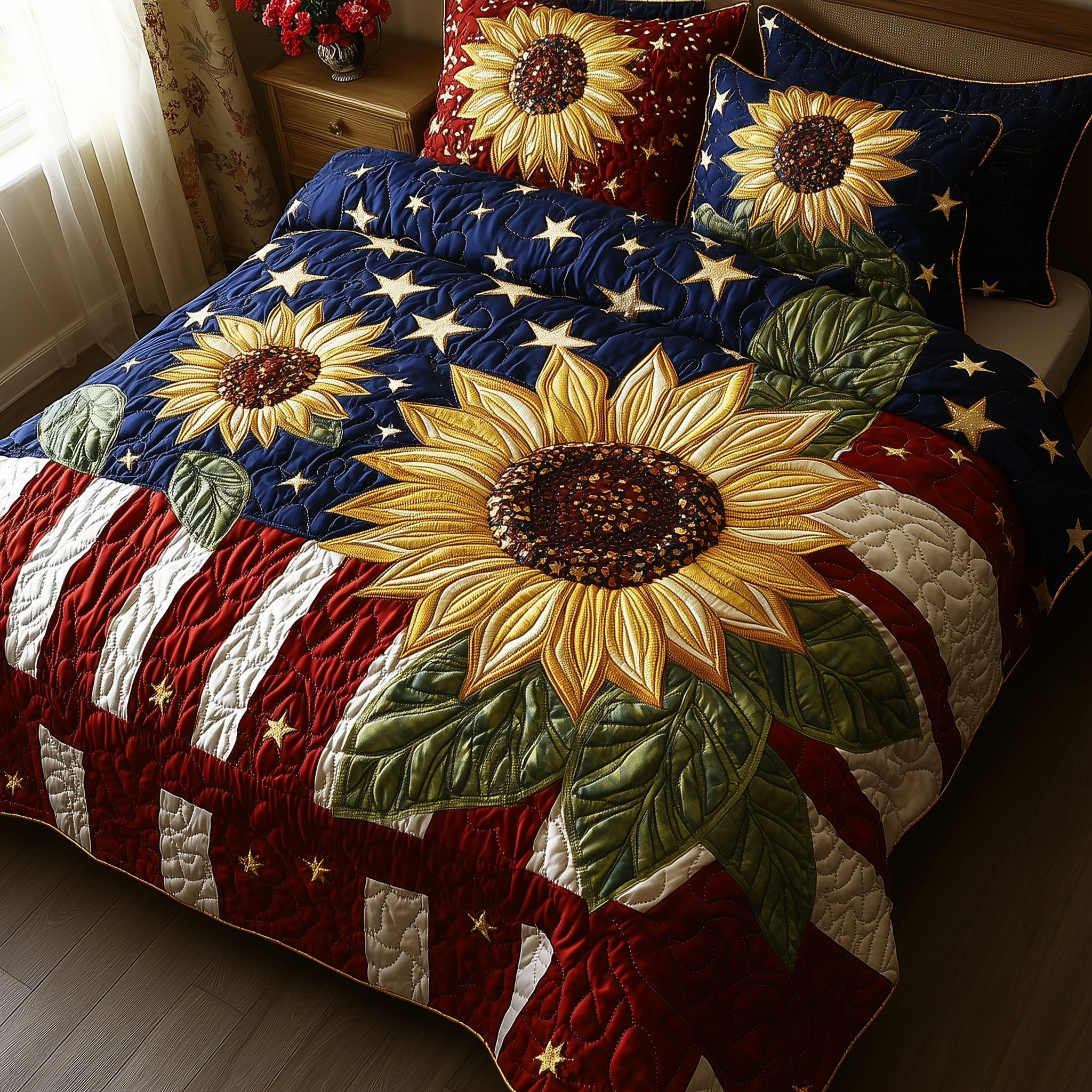 Patriotic Sunflower 3-Piece Quilted Bedding Set GFTOTP5943