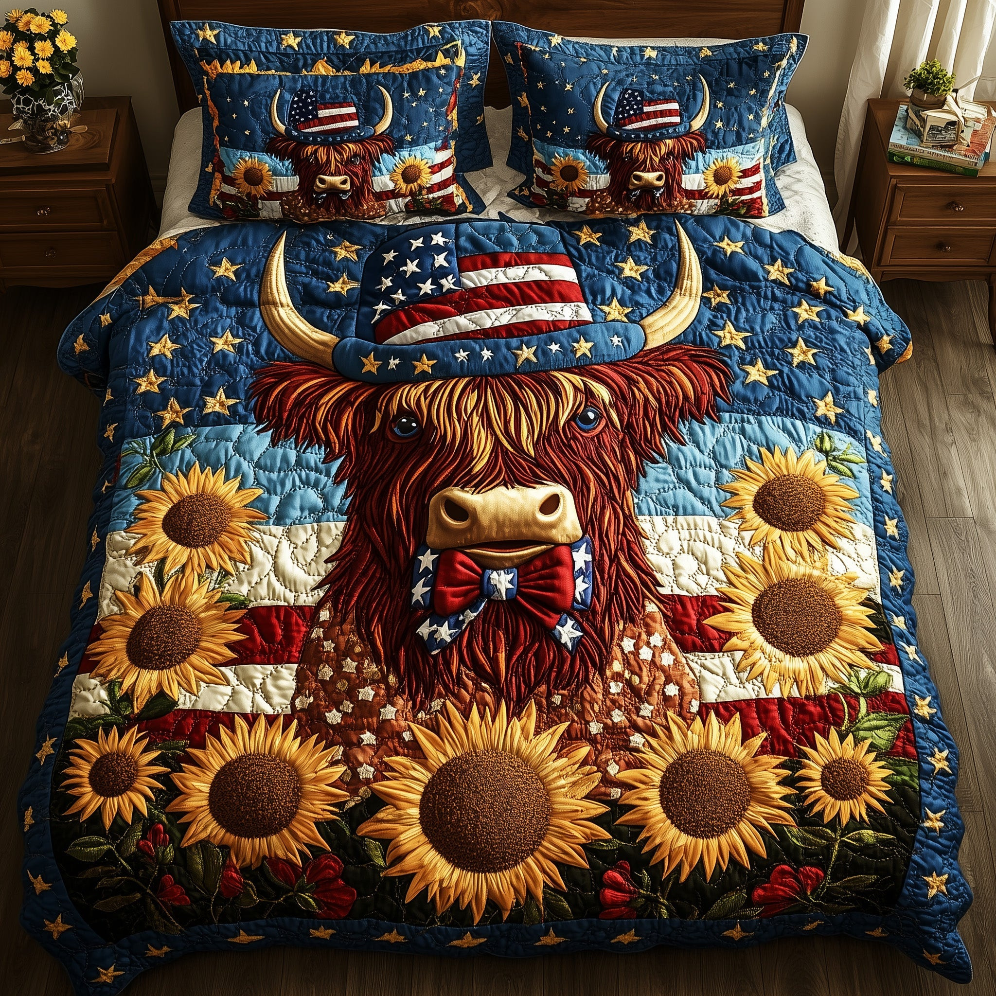 Patriotic Highland Cow 3-Piece Quilted Bedding Set GFTOTP5925