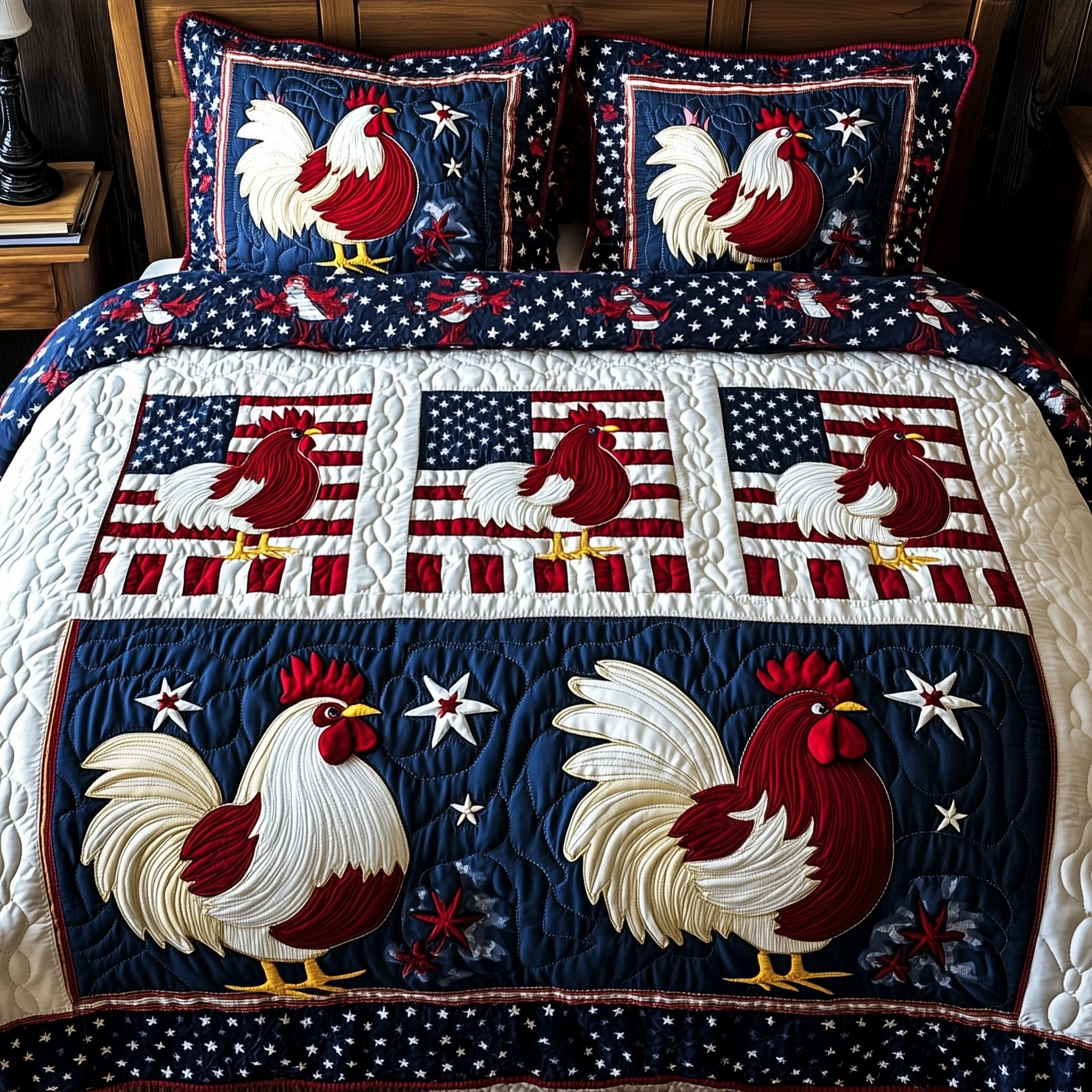 American Spirit Chickens 3-Piece Quilted Bedding Set GFTOHD5600