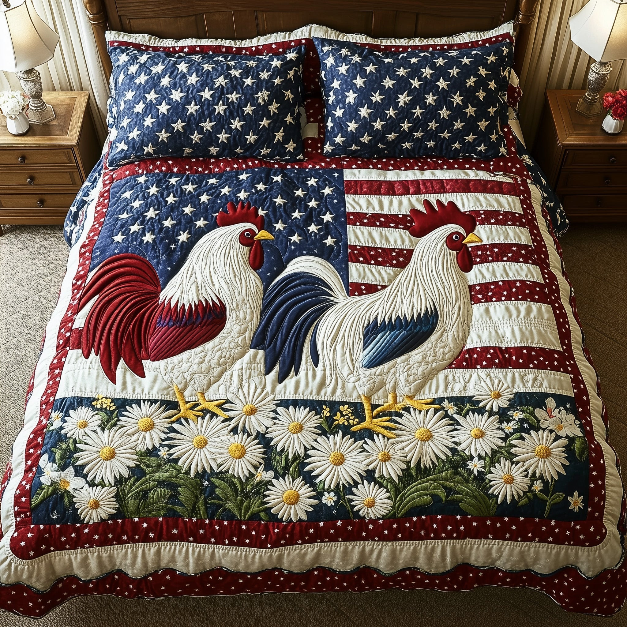 Roosters of the Republic 3-Piece Quilted Bedding Set GFTOHD5606