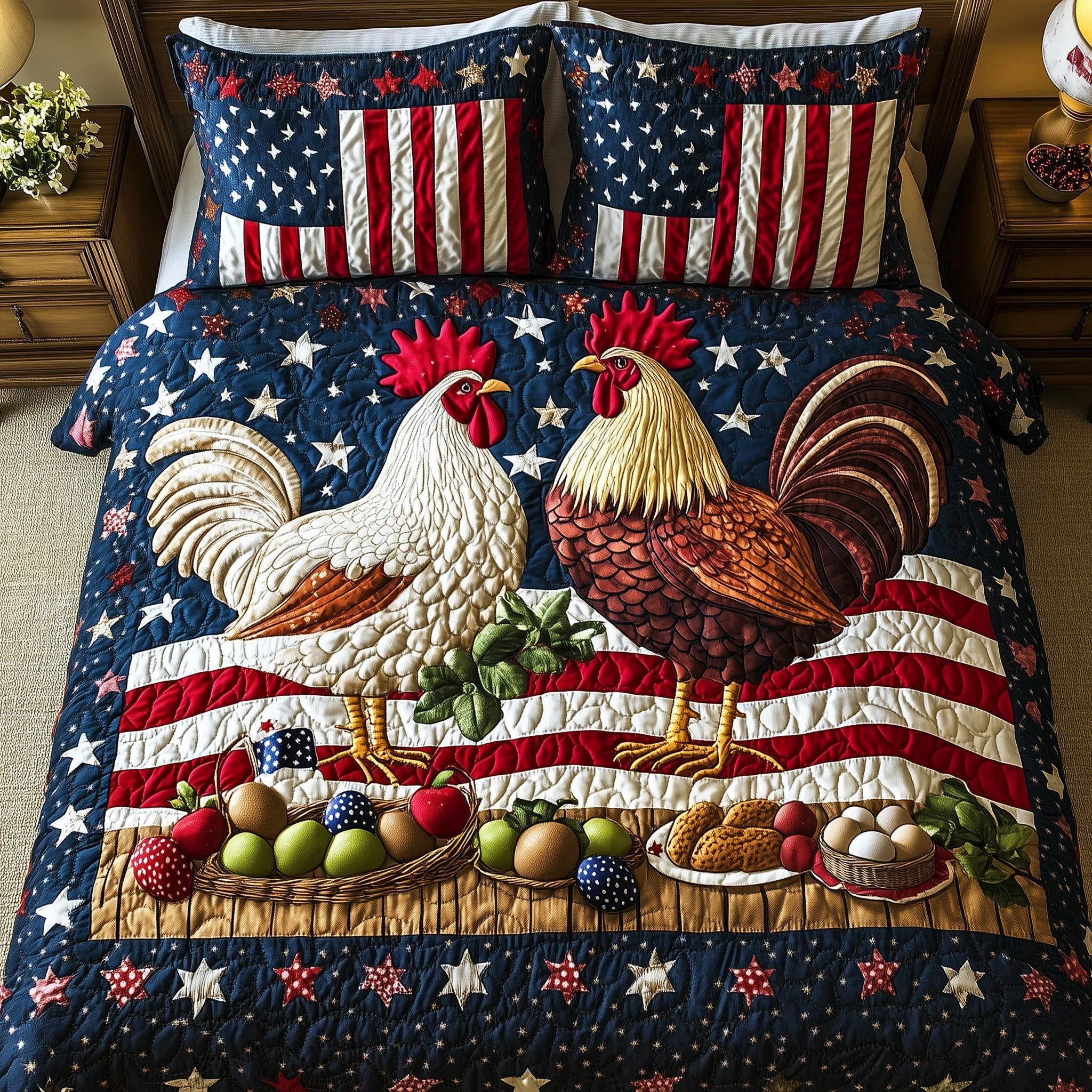 Cluck for Freedom 3-Piece Quilted Bedding Set GFTOHD5604