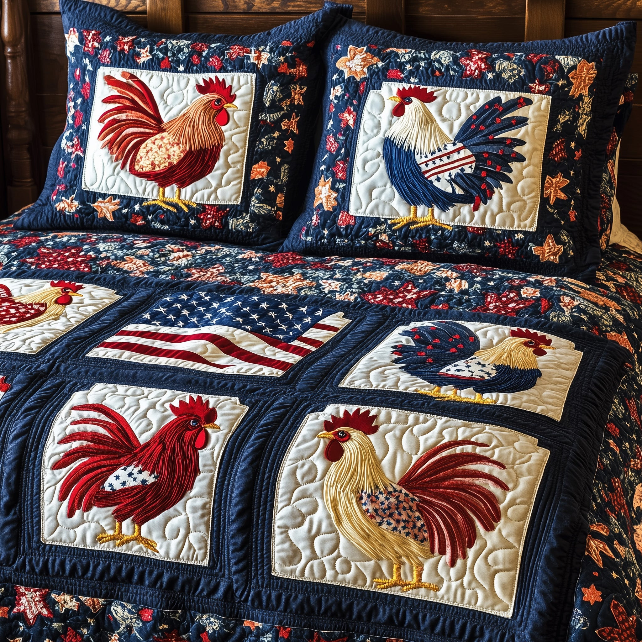 American Spirit Chickens 3-Piece Quilted Bedding Set GFTOHD5599