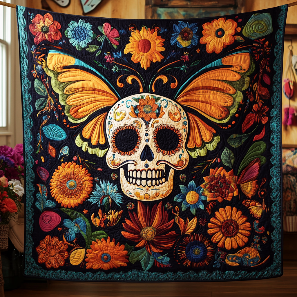 Festive Floral Sugar Skull Quilted Blanket NCU0PD556