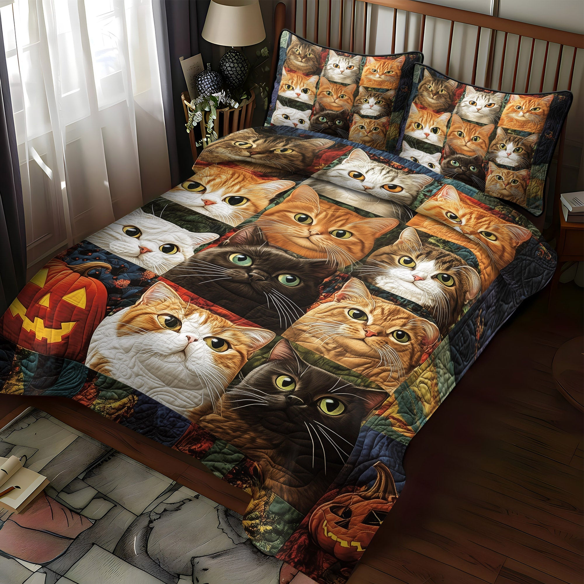 Halloween Feline 3-Piece Quilted Bedding Set NCU0TL1170