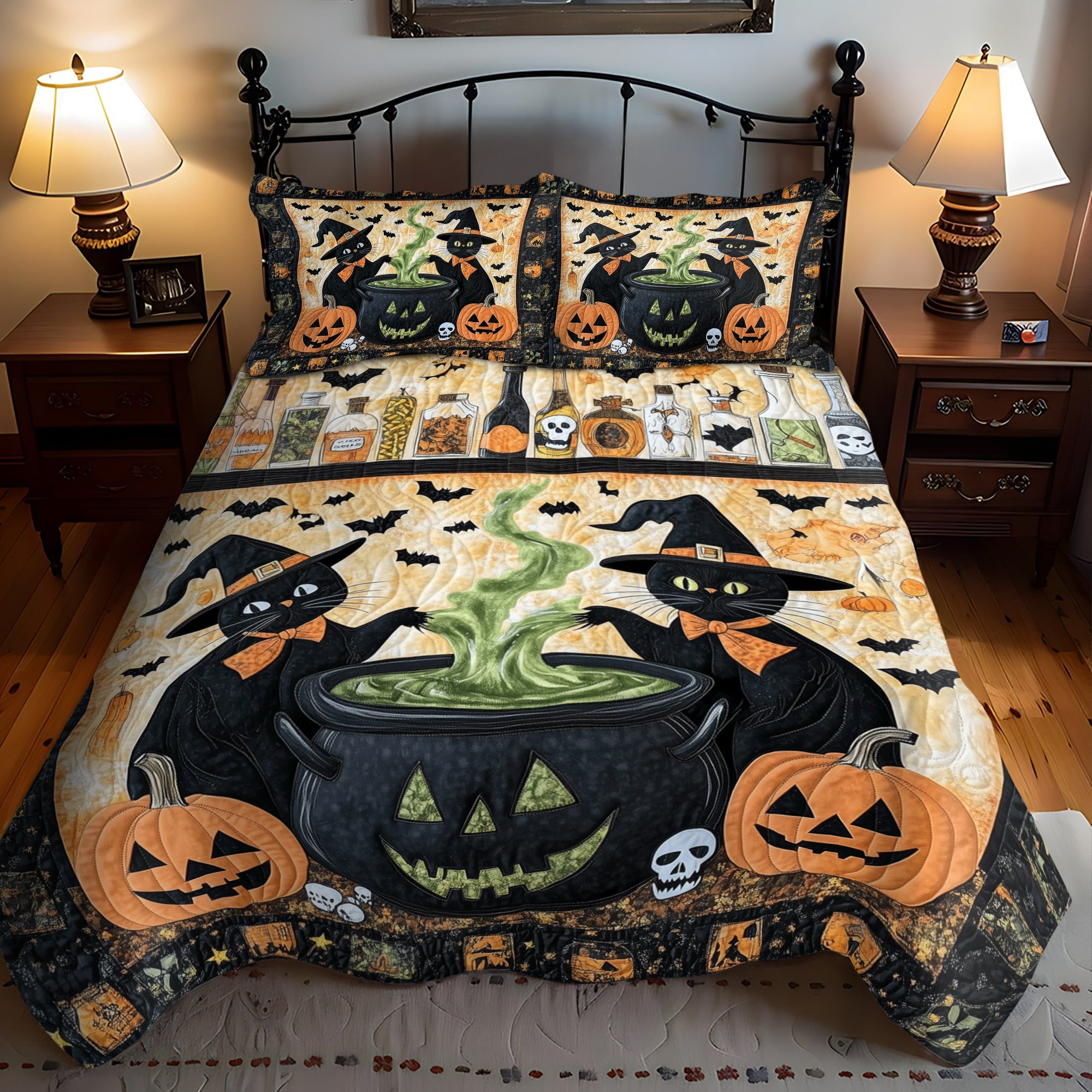 Spooky Cauldron Cats 3-Piece Quilted Bedding Set NCU0TH1666