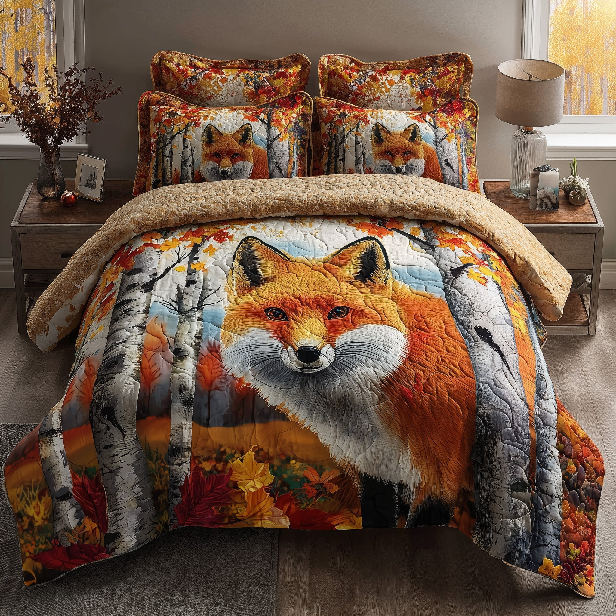 Rustic Fall Fox 3-Piece Quilted Bedding Set GFTOTP11595