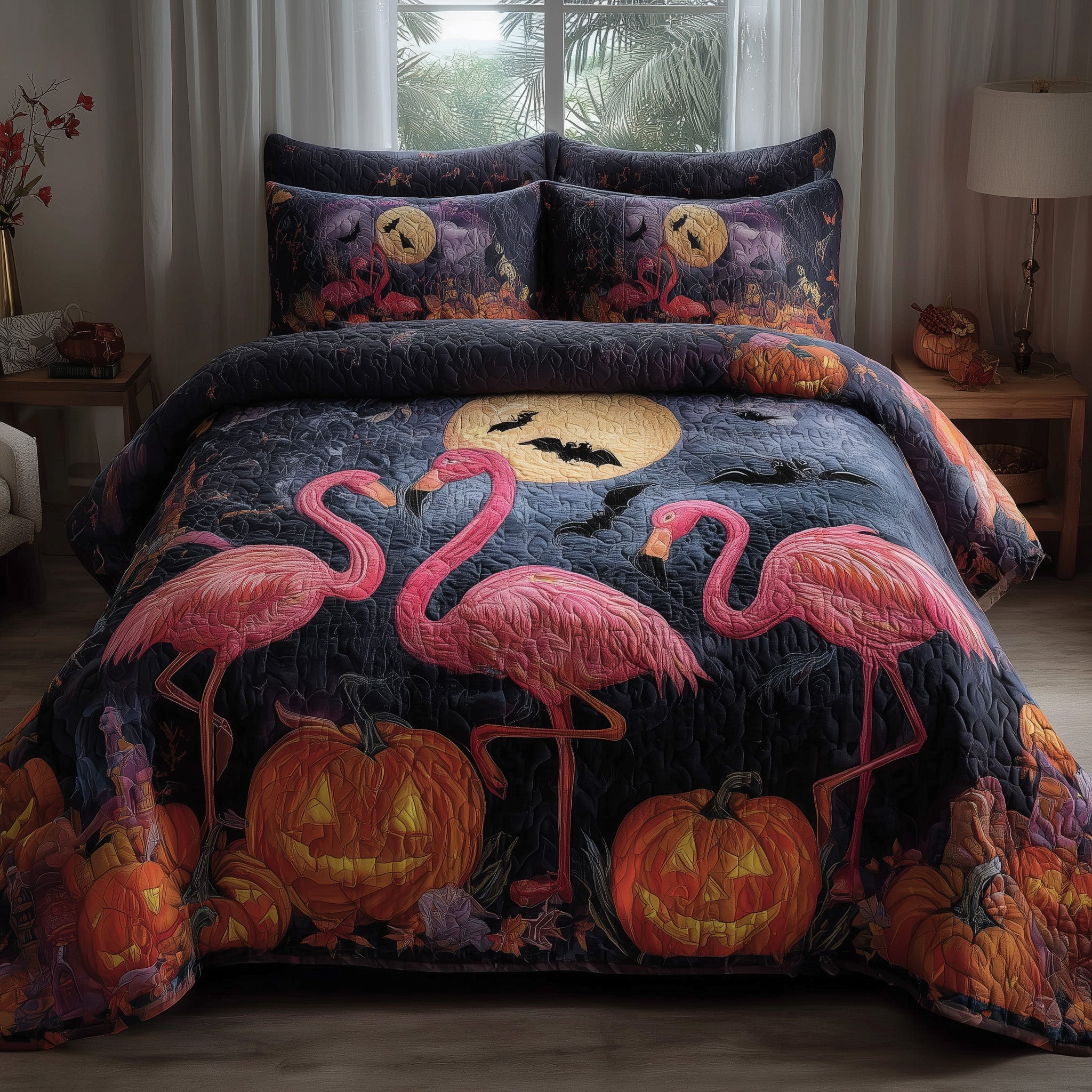 Spooky Flamingo Haven 3-Piece Quilted Bedding Set GFTOHD9967