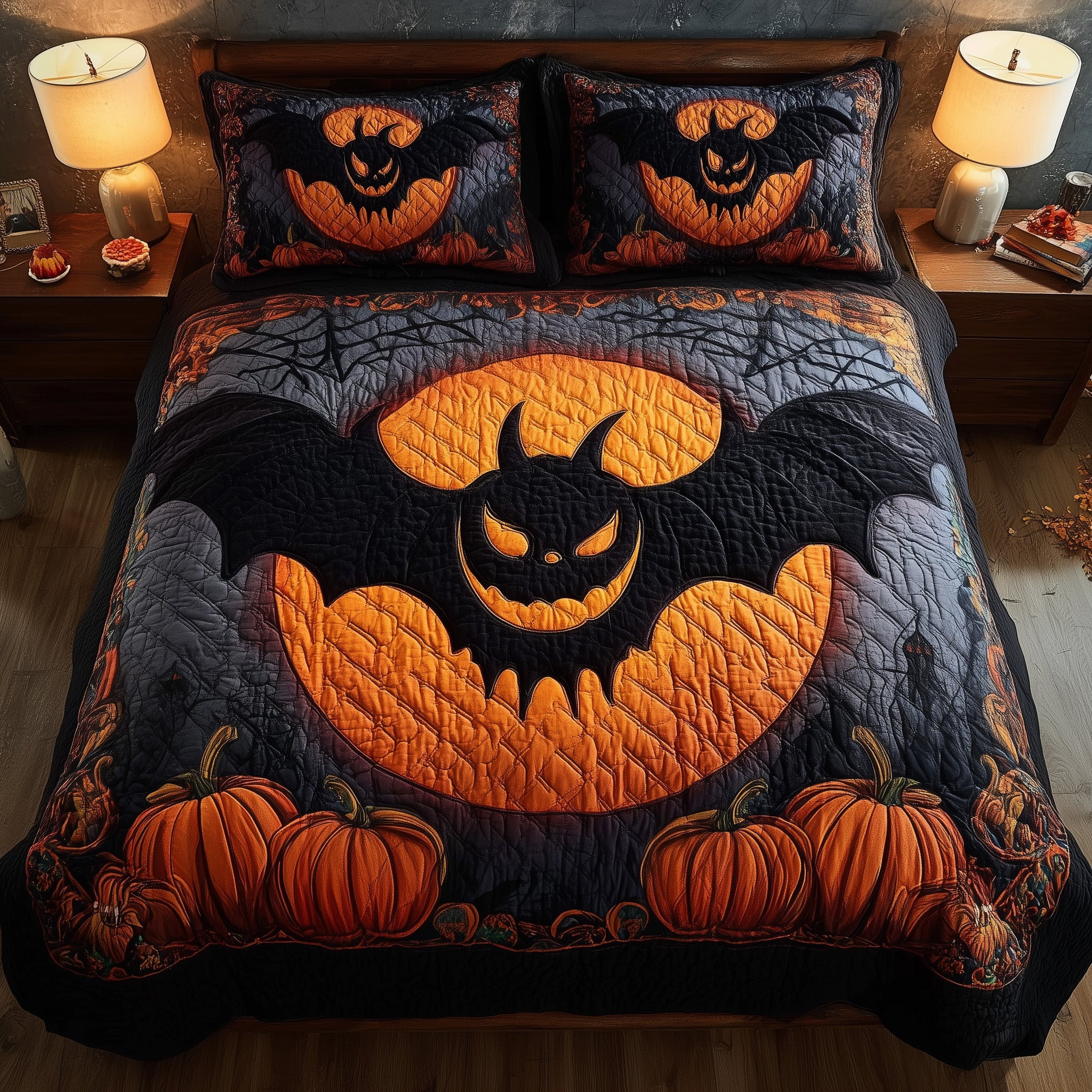 Haunted Pumpkin Bat 3-Piece Quilted Bedding Set GFTOMA4236