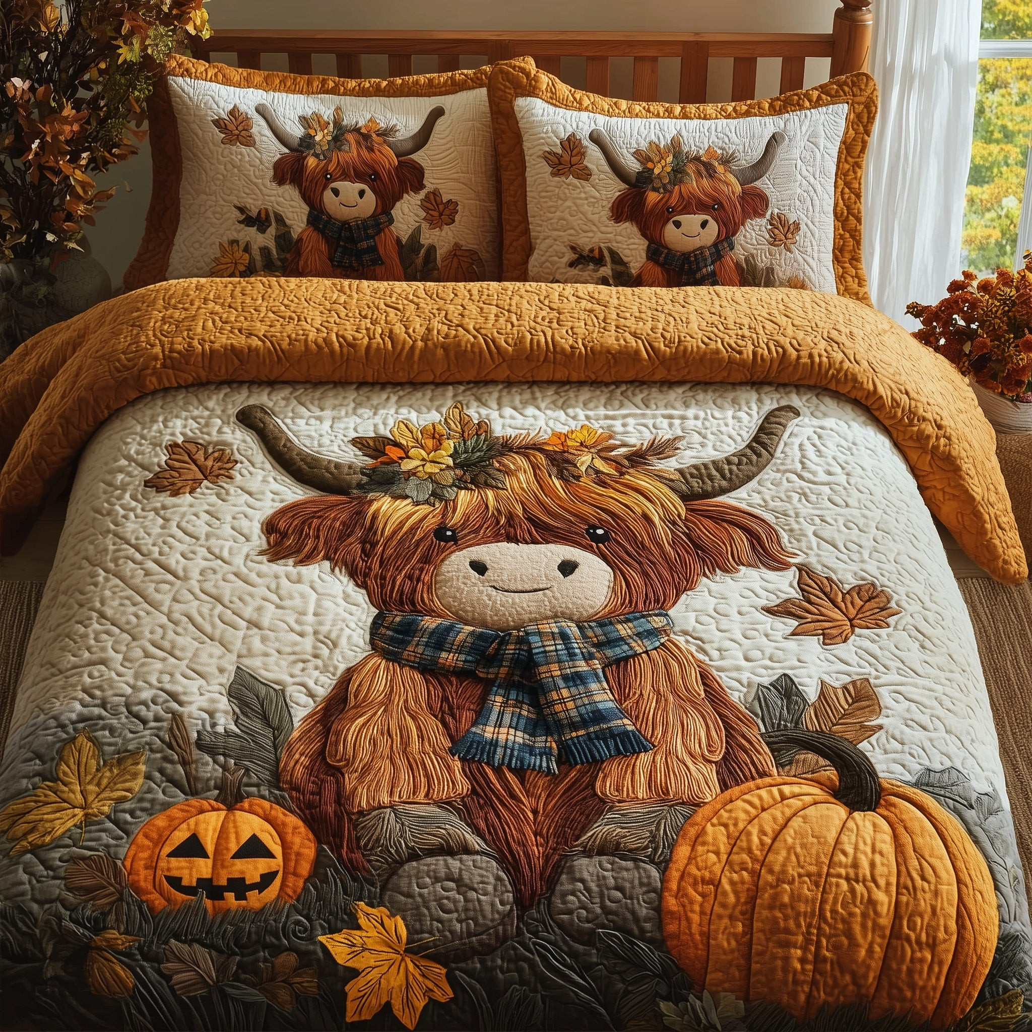 Autumn Highland Cow 3-Piece Quilted Bedding Set GFTOHD9919