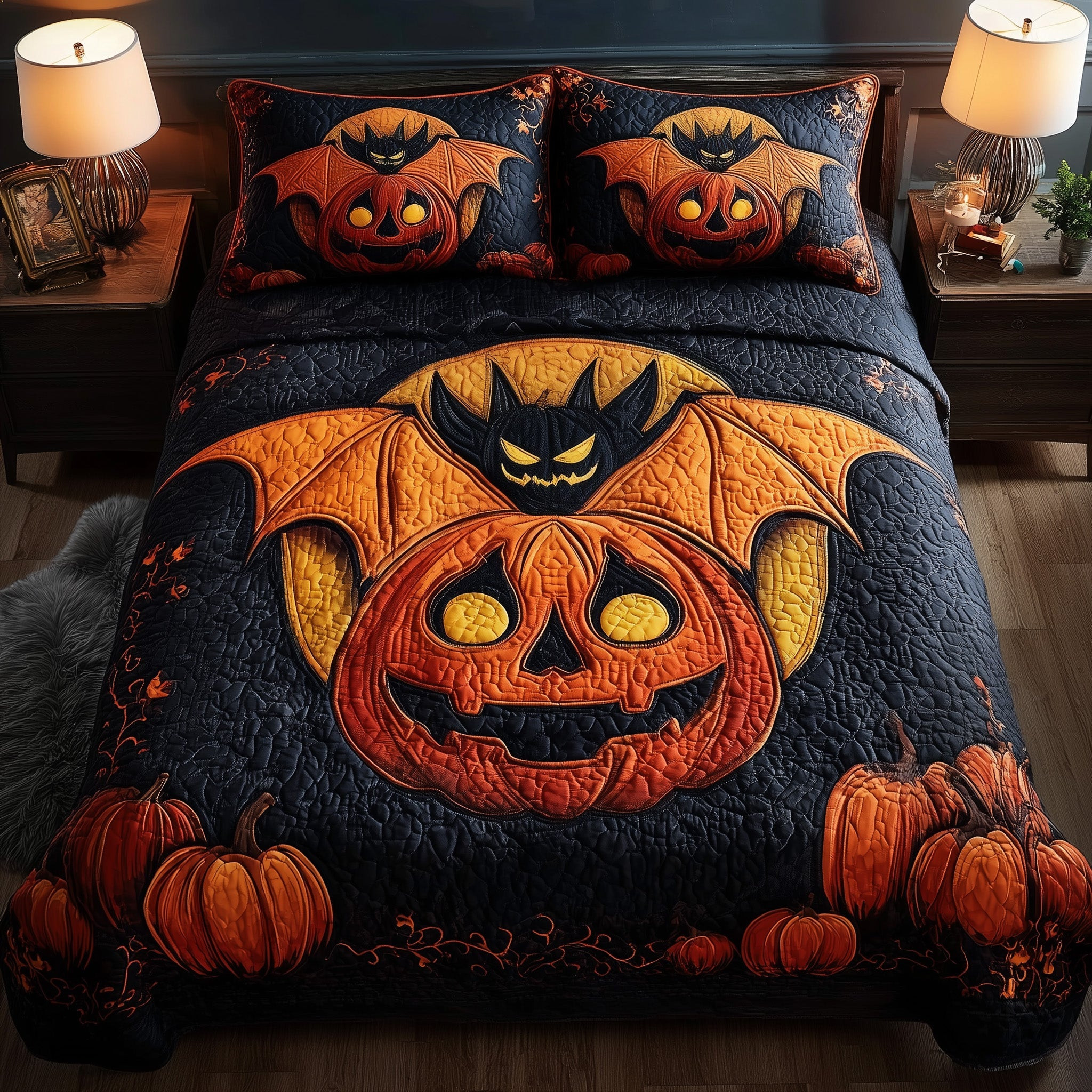 Haunted Pumpkin Bat 3-Piece Quilted Bedding Set GFTOMA4234