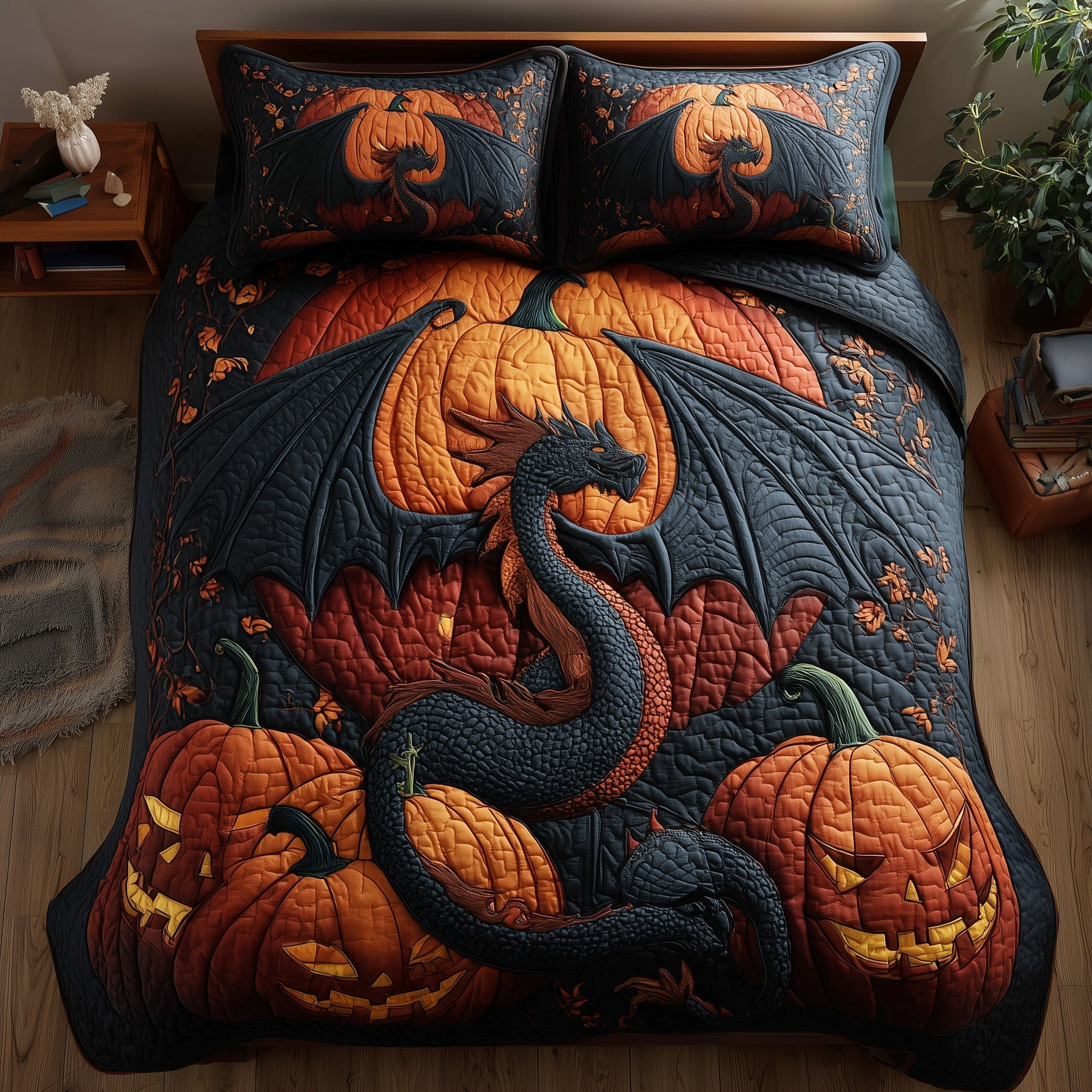 Pumpkin Dragon 3-Piece Quilted Bedding Set GFTOMA4287