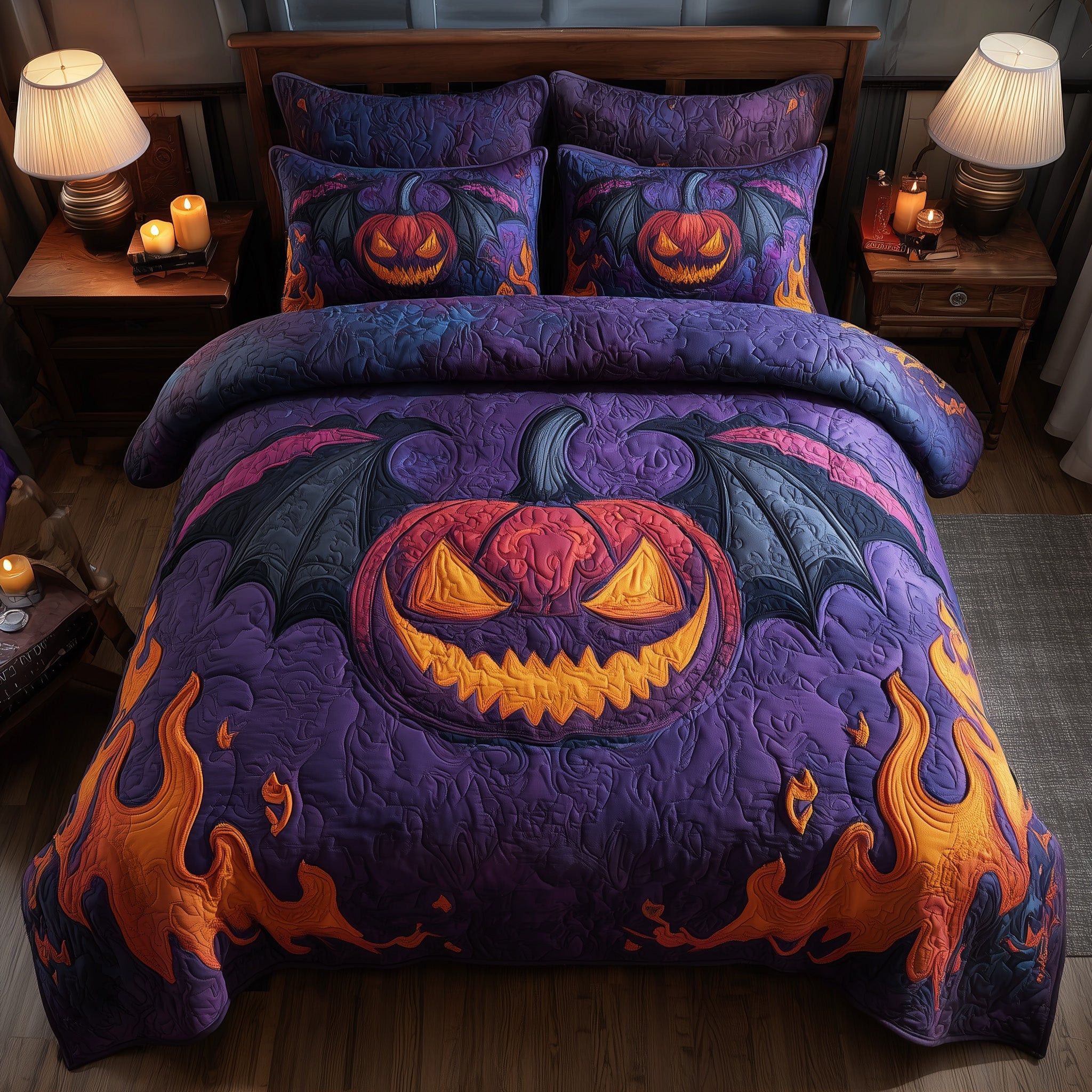 Haunted Pumpkin Bat 3-Piece Quilted Bedding Set GFTOMA4241