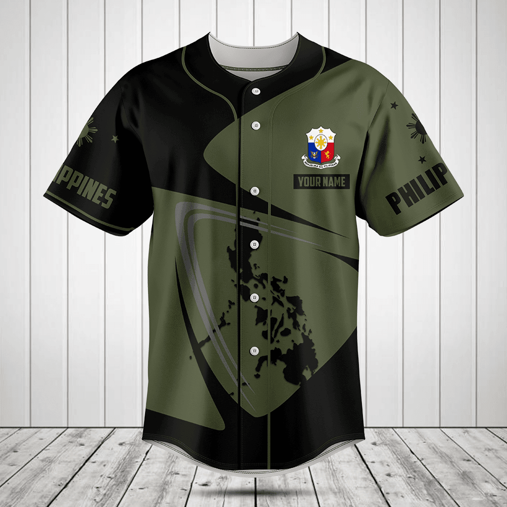 Customize Philippines Map Black And Olive Green Baseball Jersey Shirt