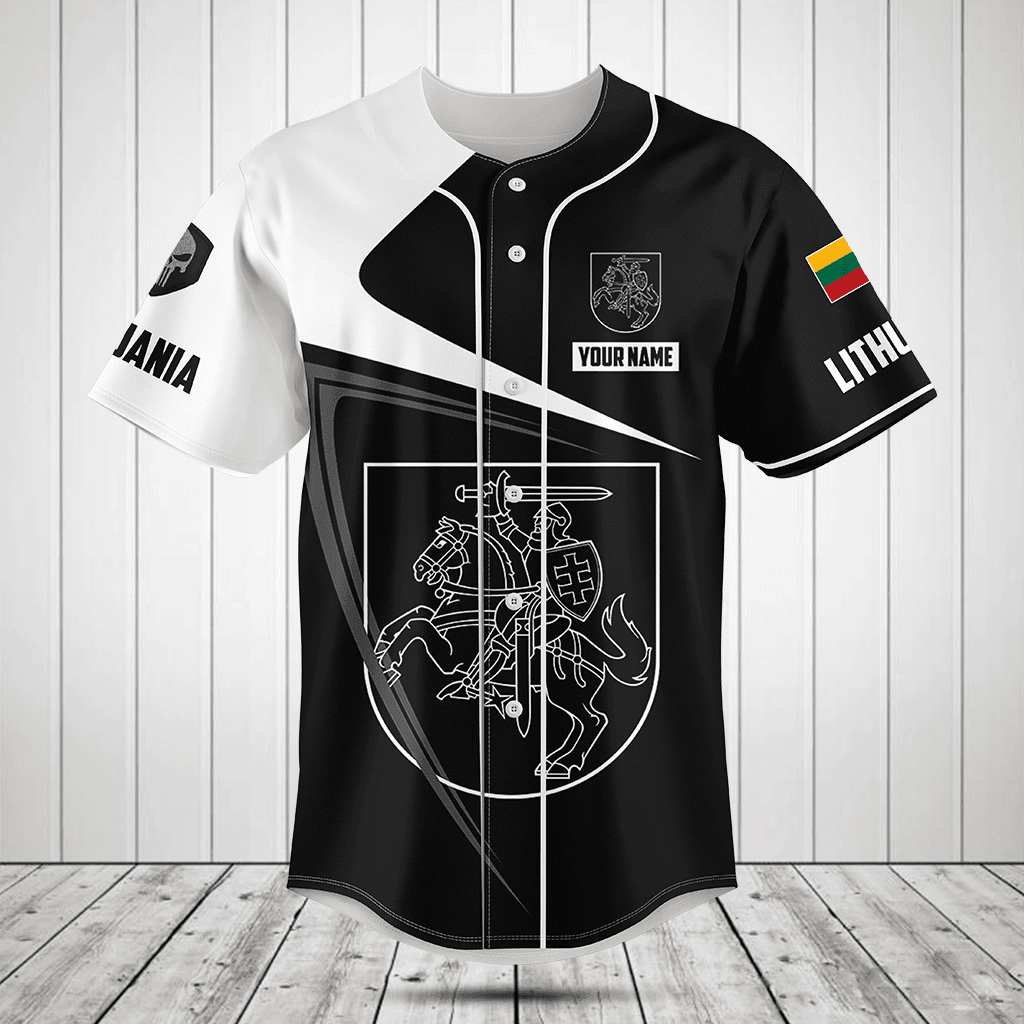 Customize Lithuania Symbol Black And White Skull Baseball Jersey Shirt