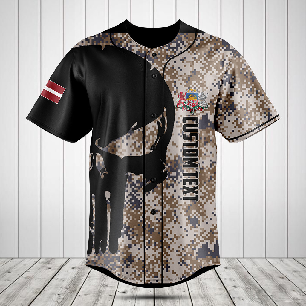 Customize Latvia Black Skull Camouflage Baseball Jersey Shirt