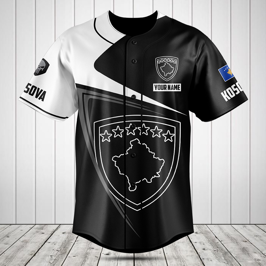Customize Kosova Symbol Black And White Skull Baseball Jersey Shirt