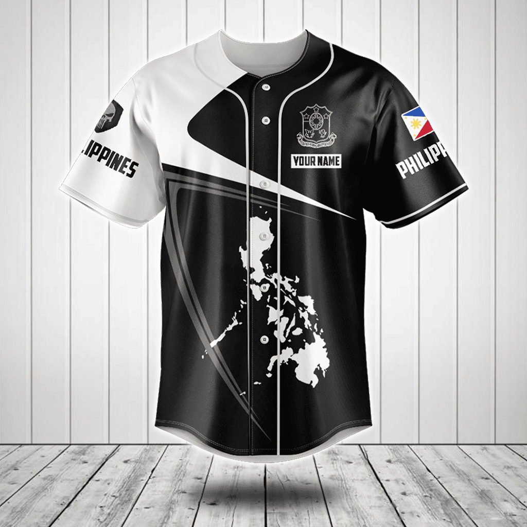 Customize Philippines Map Black And White Baseball Jersey Shirt
