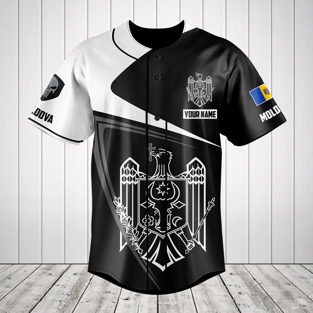 Customize Moldova Symbol Black And White Skull Baseball Jersey Shirt