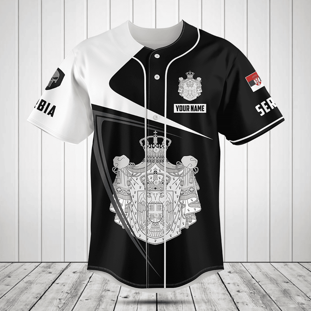 Customize Serbia Symbol Black And White Skull Baseball Jersey Shirt