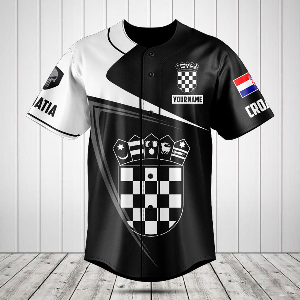 Customize Croatia Symbol Black And White Skull Baseball Jersey Shirt