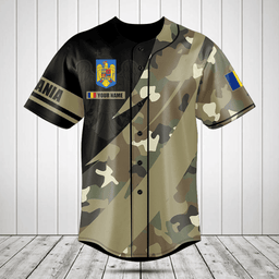 Customize Romania Coat Of Arms Camo Fire Style Baseball Jersey Shirt