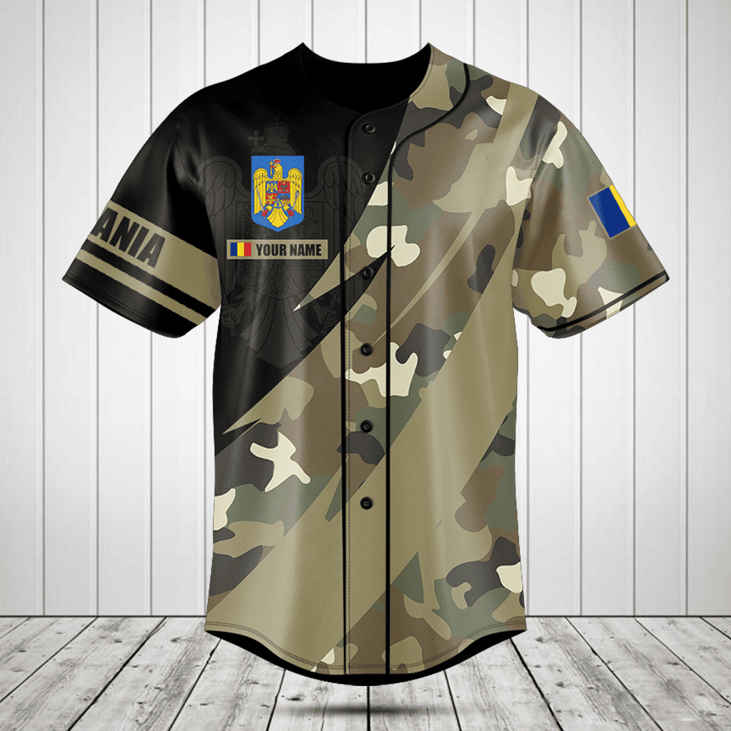 Customize Romania Coat Of Arms Camo Fire Style Baseball Jersey Shirt