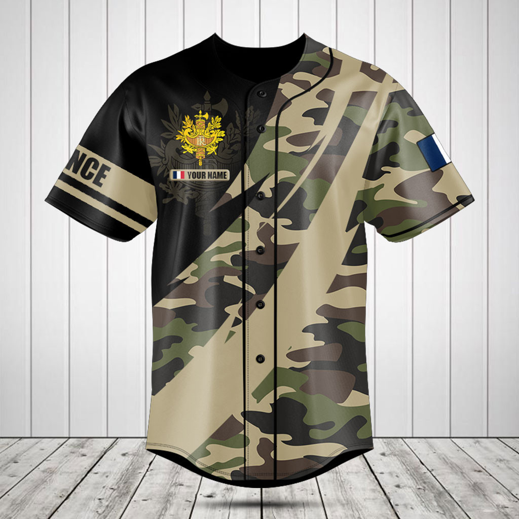 Customize France Coat Of Arms Camo v2 Fire Style Baseball Jersey Shirt