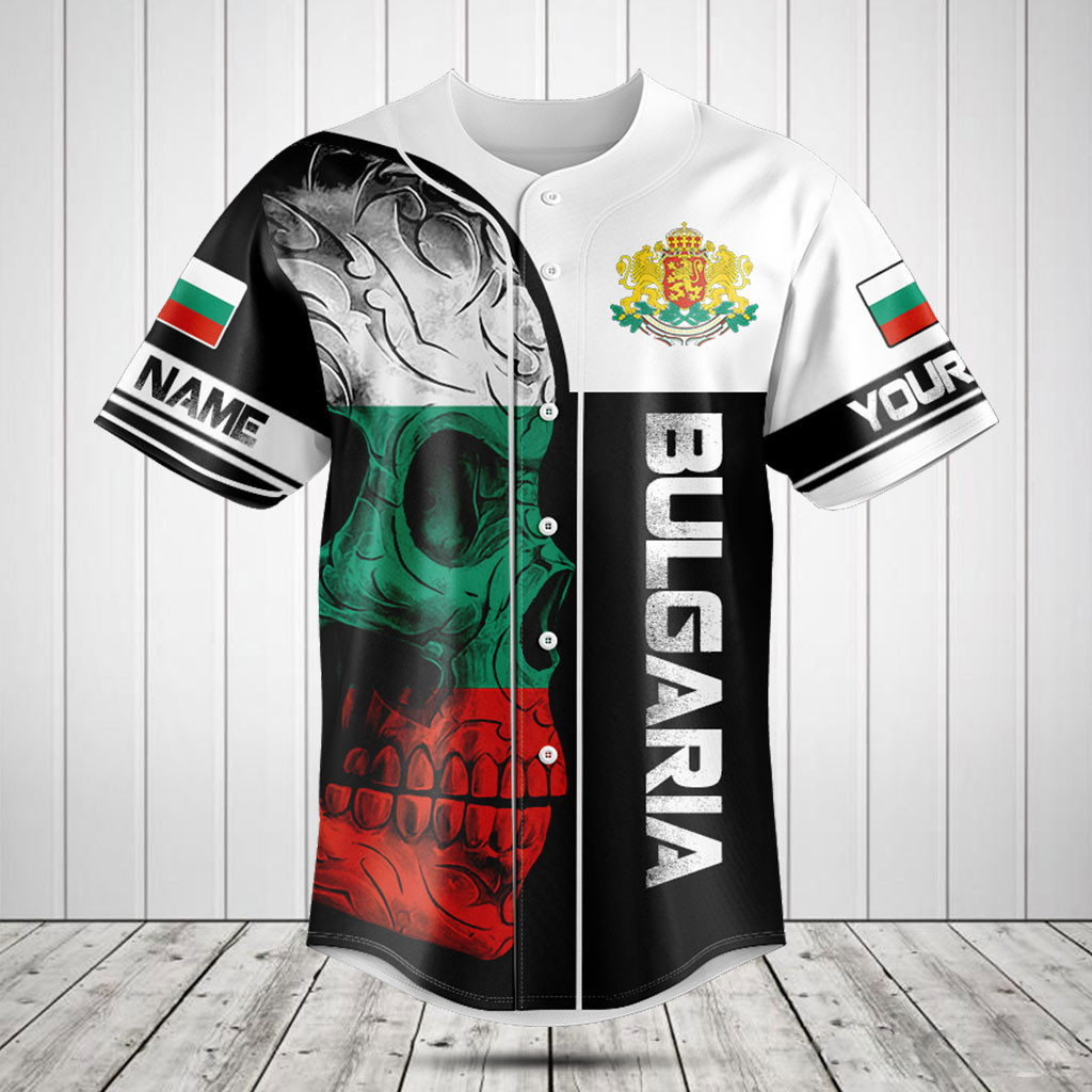 Customize Bulgaria Skull Flag 3D Black And White Baseball Jersey Shirt