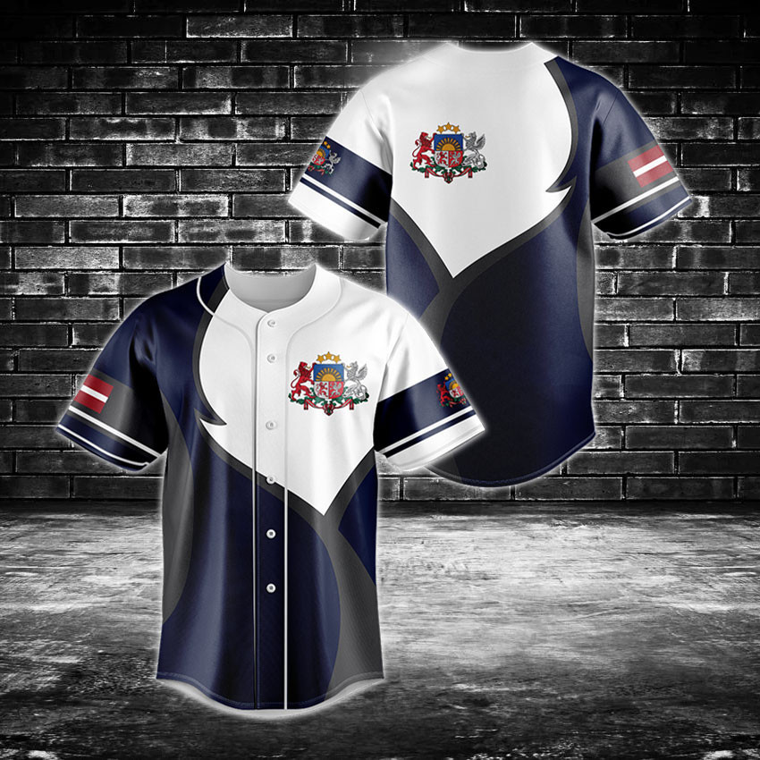 Latvia Coat Of Arms Blue And White Baseball Jersey Shirt